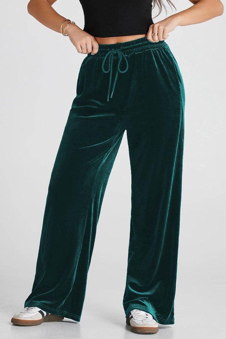 Black Solid Drawstring Waist Wide Leg Pants - Fashion Queen -  24