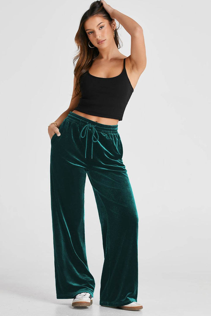 Black Solid Drawstring Waist Wide Leg Pants - Fashion Queen -  25