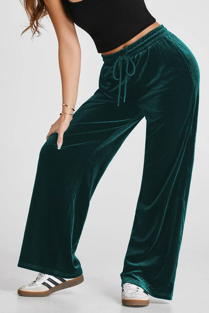 Black Solid Drawstring Waist Wide Leg Pants - Fashion Queen -  26