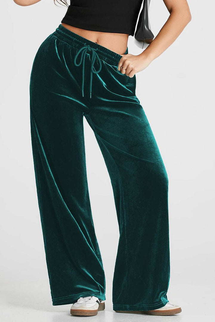 Black Solid Drawstring Waist Wide Leg Pants - Fashion Queen -  27