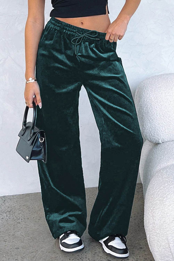 Black Solid Drawstring Waist Wide Leg Pants - Fashion Queen -  28