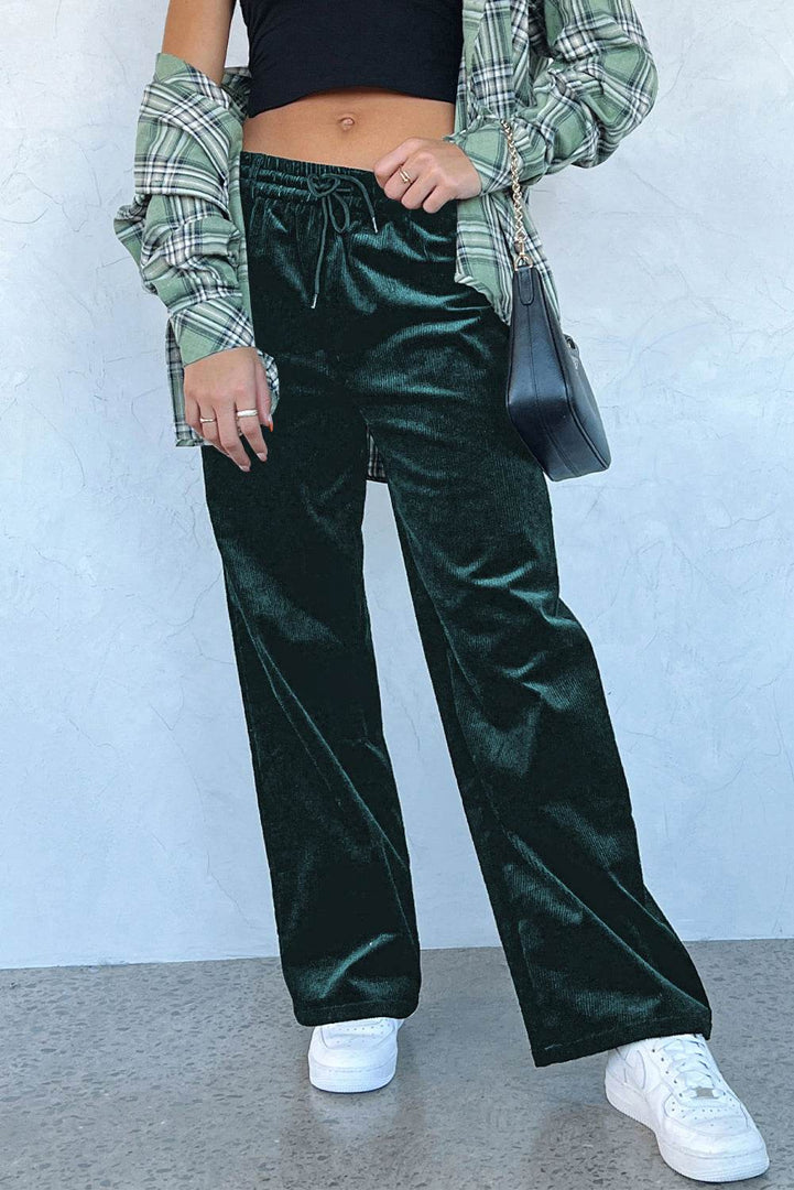 Black Solid Drawstring Waist Wide Leg Pants - Fashion Queen -  29