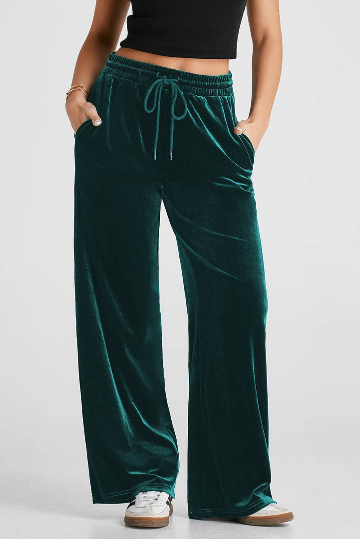 Black Solid Drawstring Waist Wide Leg Pants - Fashion Queen -  4