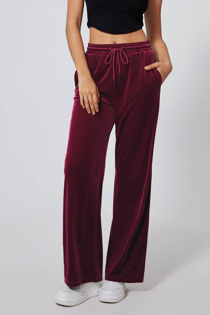 Black Solid Drawstring Waist Wide Leg Pants - Fashion Queen -  9