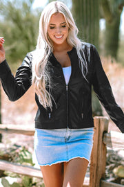 Black Solid Faux Leather Zipper Slim Fit Bomber Jacket - Fashion Queen -  1