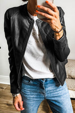 Load image into Gallery viewer, Black Solid Faux Leather Zipper Slim Fit Bomber Jacket - Fashion Queen -  12
