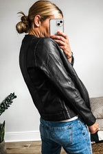 Load image into Gallery viewer, Black Solid Faux Leather Zipper Slim Fit Bomber Jacket - Fashion Queen -  13
