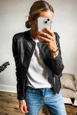 Load image into Gallery viewer, Black Solid Faux Leather Zipper Slim Fit Bomber Jacket - Fashion Queen -  14
