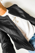 Load image into Gallery viewer, Black Solid Faux Leather Zipper Slim Fit Bomber Jacket - Fashion Queen -  15
