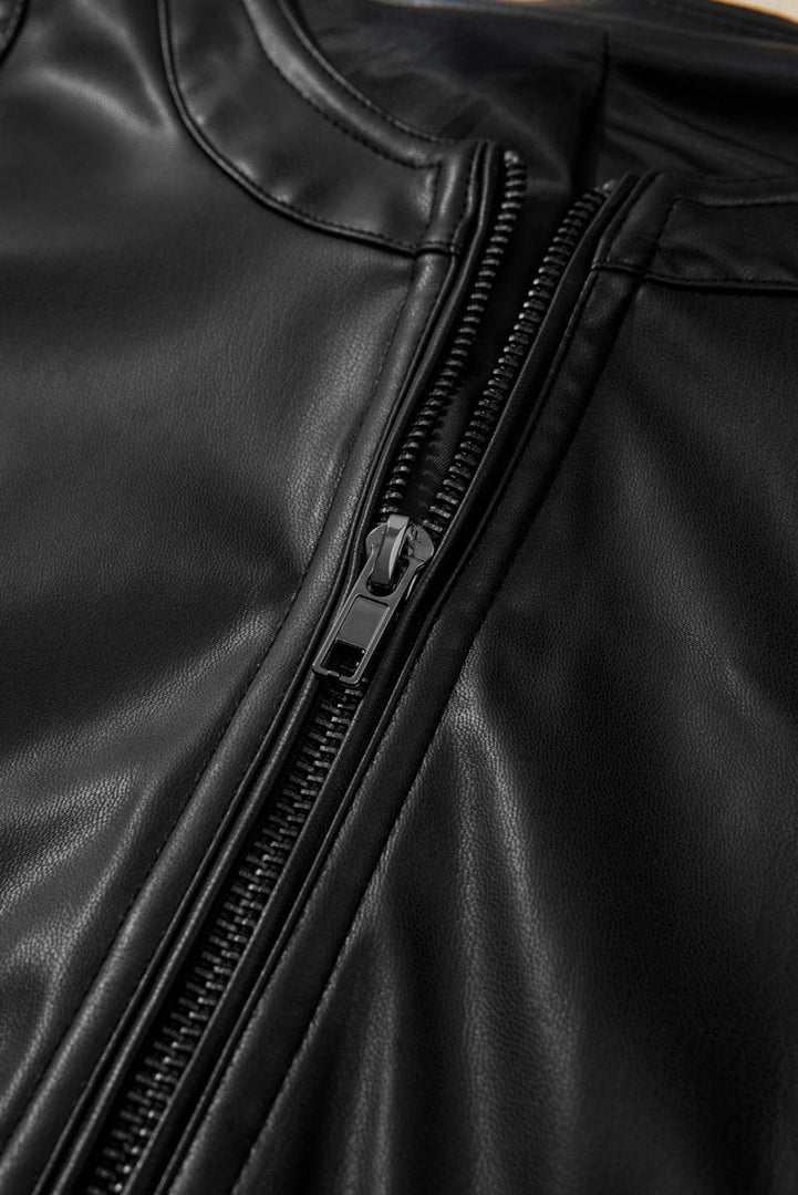 Black Solid Faux Leather Zipper Slim Fit Bomber Jacket - Fashion Queen -  22