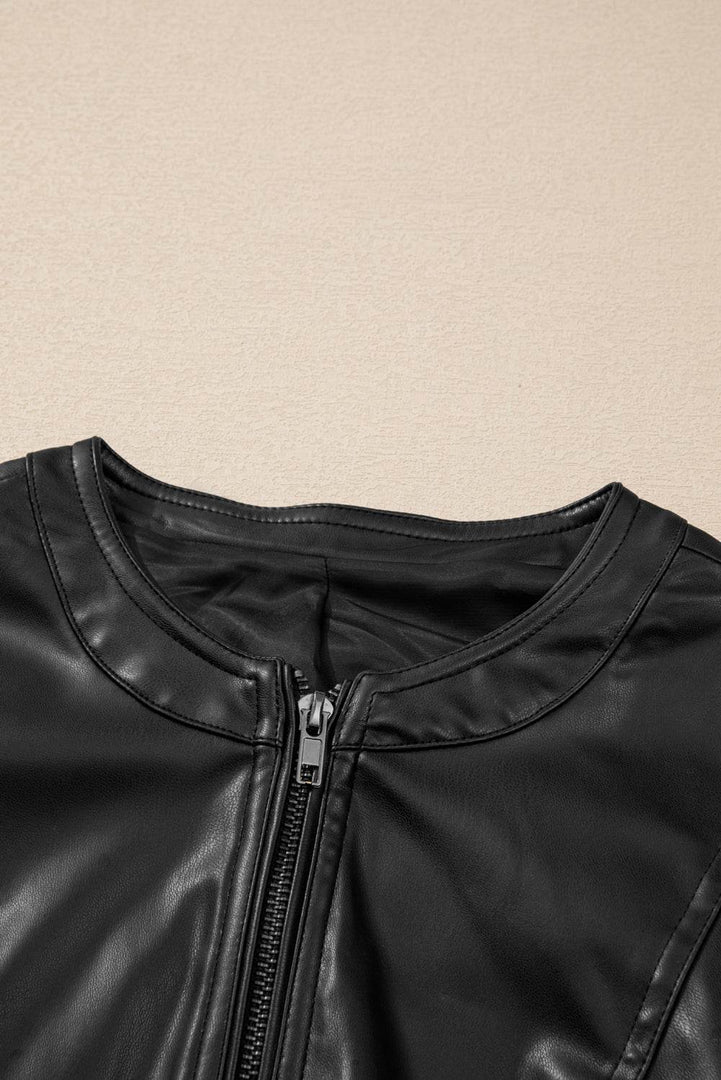 Black Solid Faux Leather Zipper Slim Fit Bomber Jacket - Fashion Queen -  23