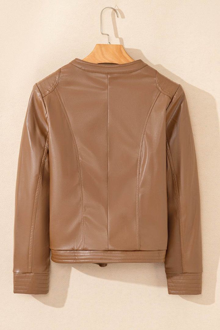 Black Solid Faux Leather Zipper Slim Fit Bomber Jacket - Fashion Queen -  27