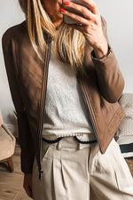 Load image into Gallery viewer, Black Solid Faux Leather Zipper Slim Fit Bomber Jacket - Fashion Queen -  4
