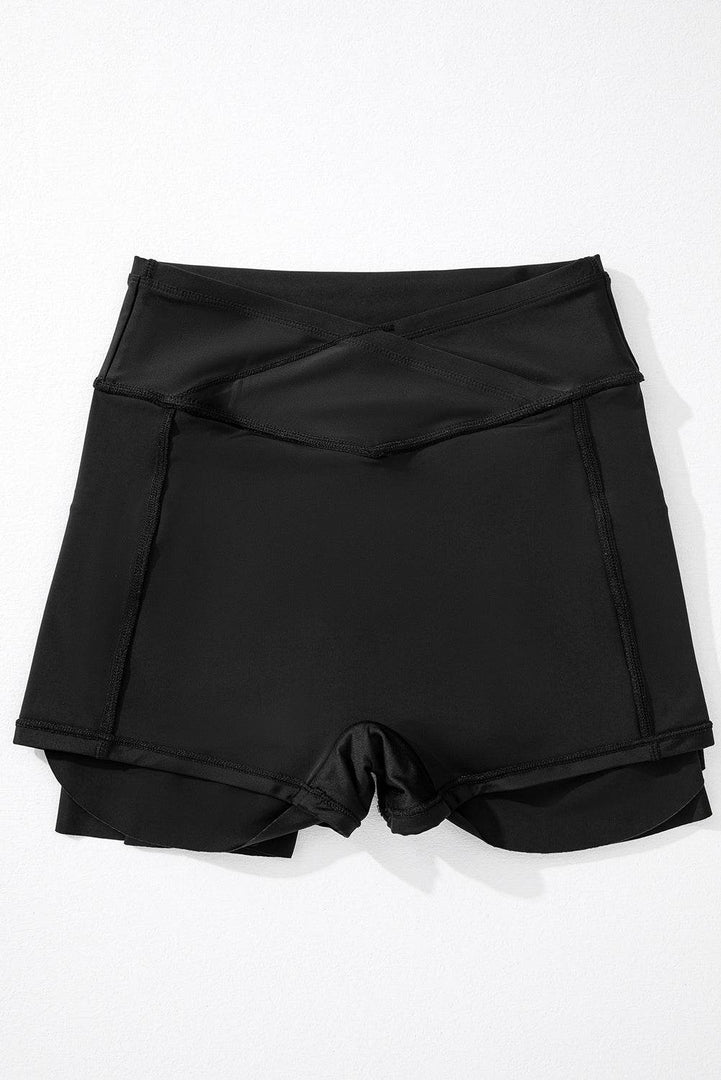 Black Solid Pocketed Crossover High Waist Swim Skort - Fashion Queen -  11