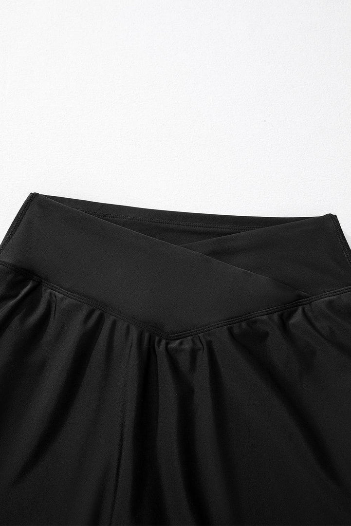 Black Solid Pocketed Crossover High Waist Swim Skort - Fashion Queen -  15