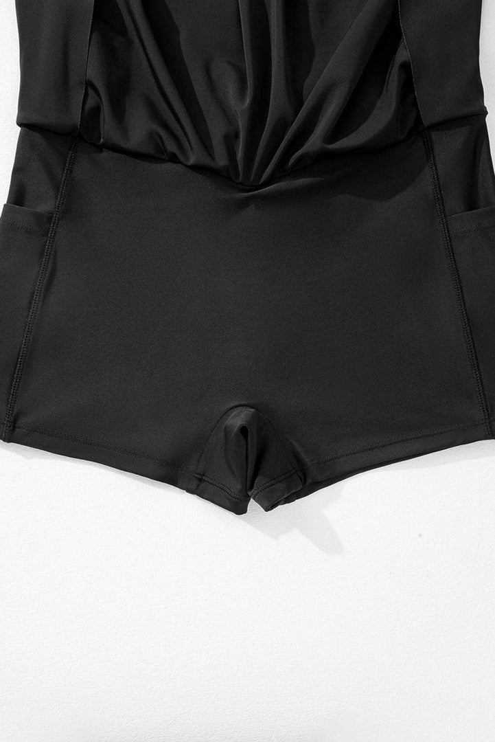 Black Solid Pocketed Crossover High Waist Swim Skort - Fashion Queen -  18