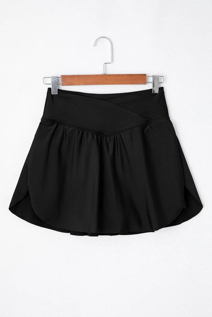 Black Solid Pocketed Crossover High Waist Swim Skort - Fashion Queen -  8