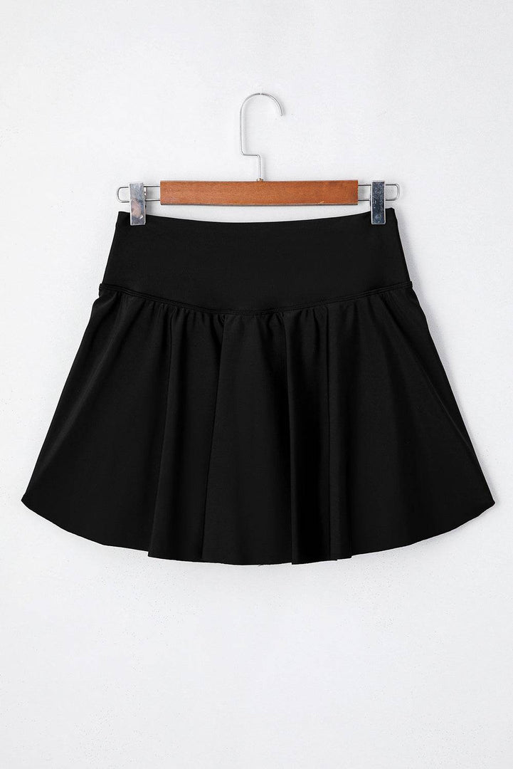 Black Solid Pocketed Crossover High Waist Swim Skort - Fashion Queen -  9