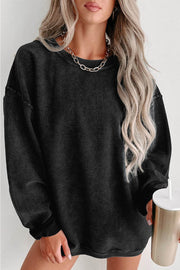 Black Solid Ribbed Knit Round Neck Pullover Sweatshirt - Fashion Queen -  1