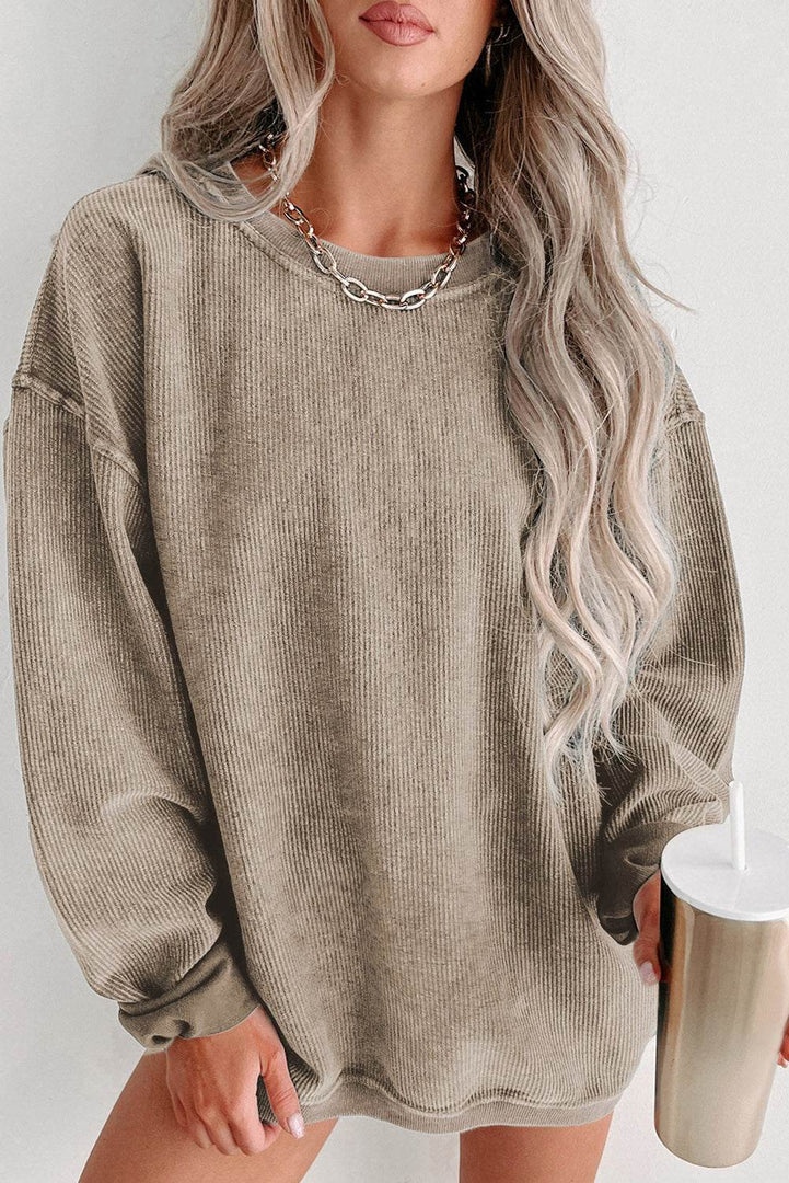 Black Solid Ribbed Knit Round Neck Pullover Sweatshirt - Fashion Queen -  10