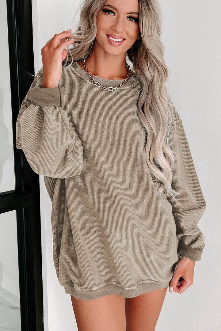 Black Solid Ribbed Knit Round Neck Pullover Sweatshirt - Fashion Queen -  11