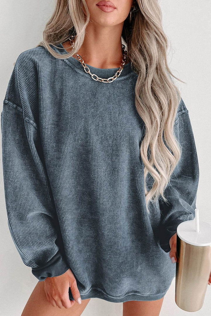 Black Solid Ribbed Knit Round Neck Pullover Sweatshirt - Fashion Queen -  13