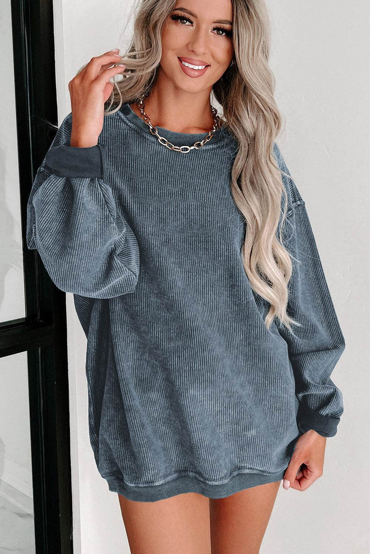 Black Solid Ribbed Knit Round Neck Pullover Sweatshirt - Fashion Queen -  14