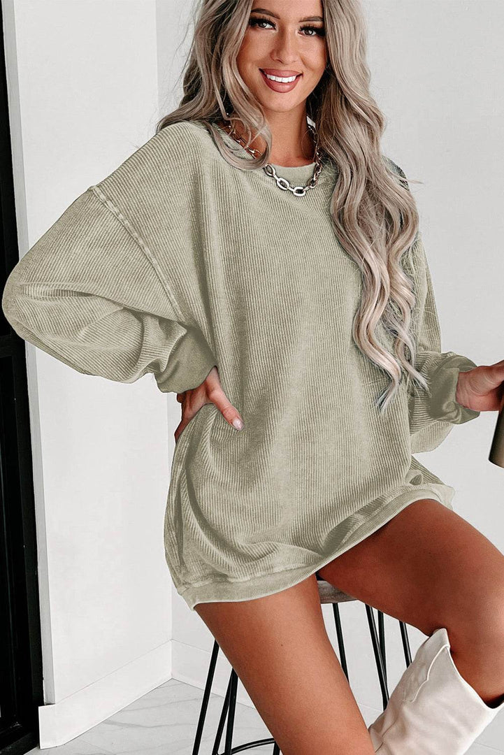 Black Solid Ribbed Knit Round Neck Pullover Sweatshirt - Fashion Queen -  17