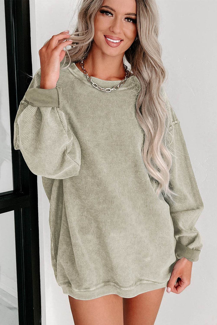 Black Solid Ribbed Knit Round Neck Pullover Sweatshirt - Fashion Queen -  18