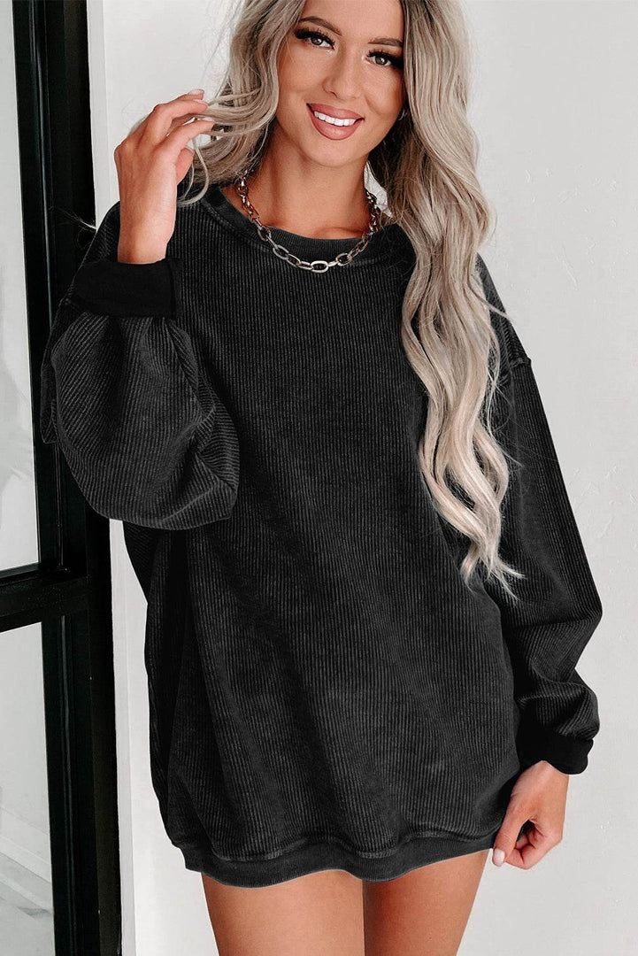 Black Solid Ribbed Knit Round Neck Pullover Sweatshirt - Fashion Queen -  19