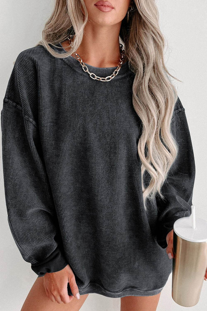Black Solid Ribbed Knit Round Neck Pullover Sweatshirt - Fashion Queen -  2