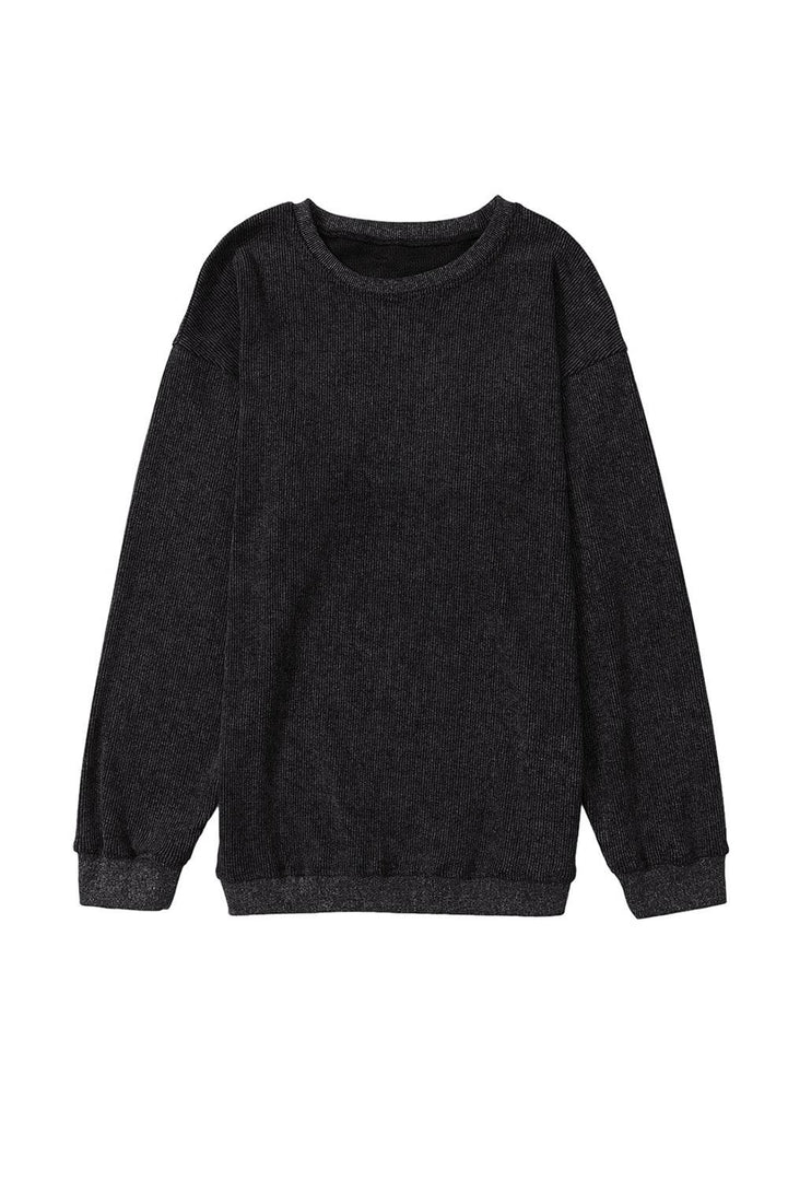 Black Solid Ribbed Knit Round Neck Pullover Sweatshirt - Fashion Queen -  22