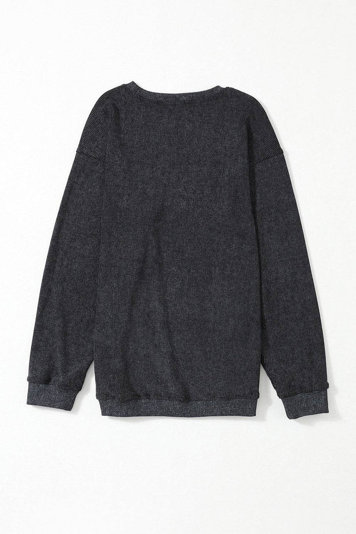 Black Solid Ribbed Knit Round Neck Pullover Sweatshirt - Fashion Queen -  23