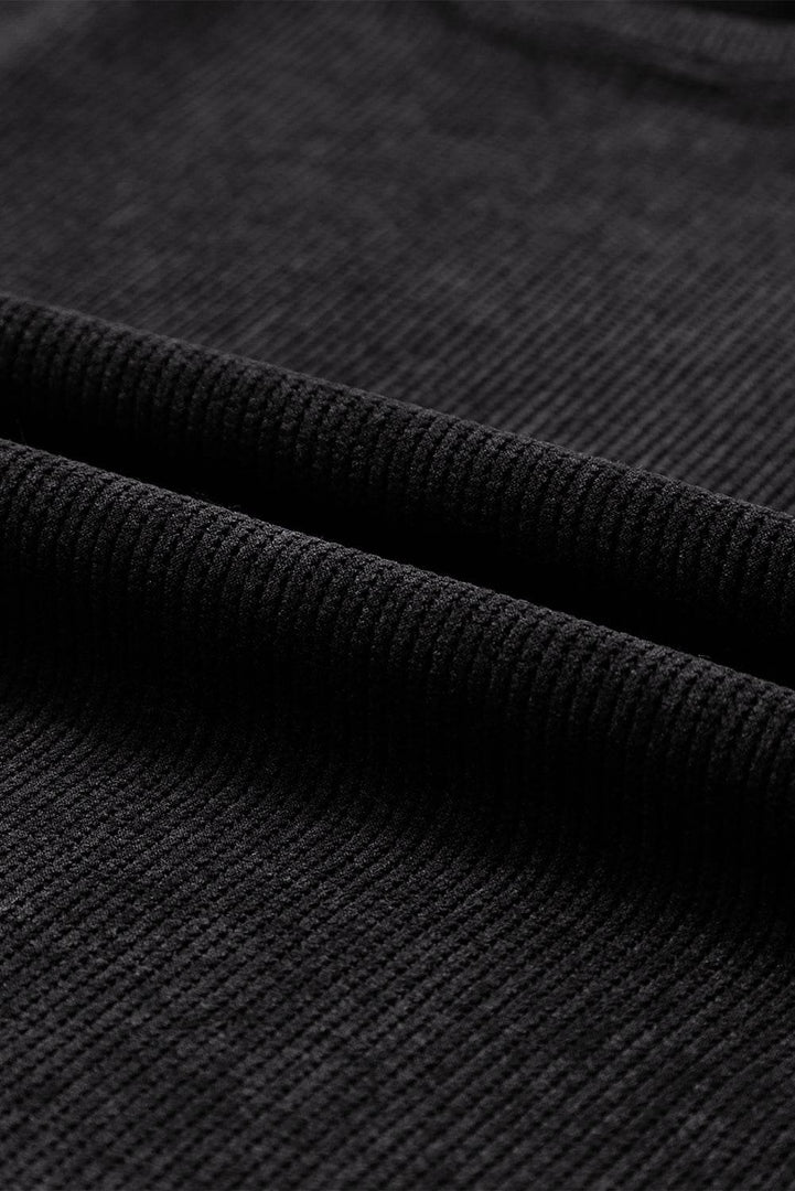 Black Solid Ribbed Knit Round Neck Pullover Sweatshirt - Fashion Queen -  24