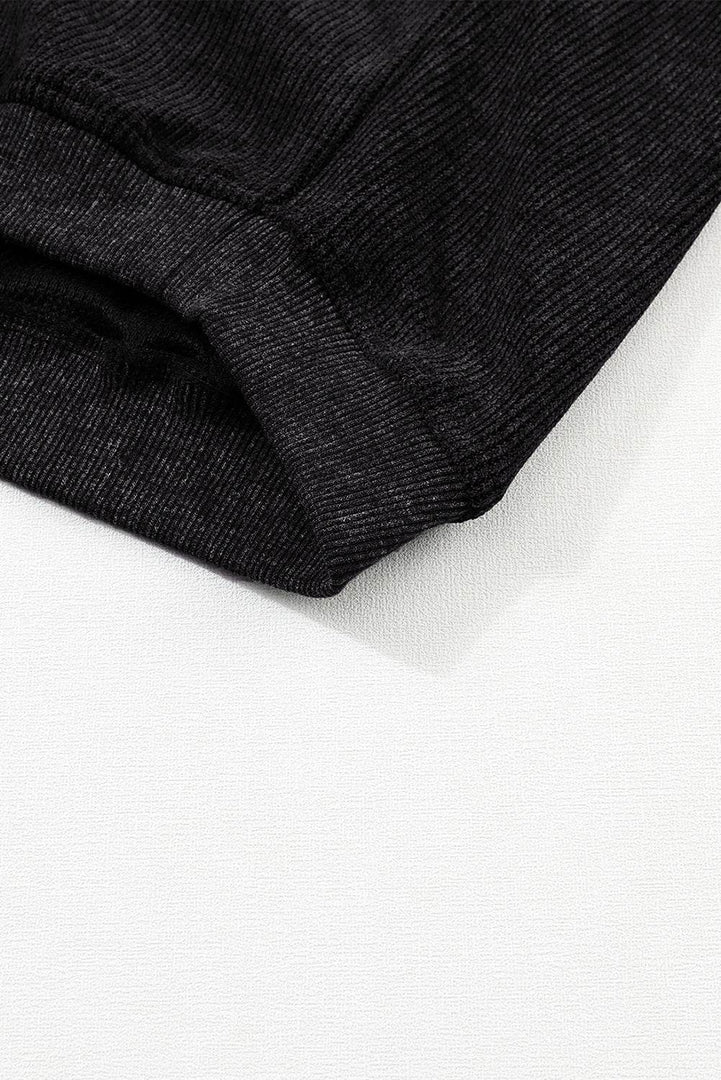 Black Solid Ribbed Knit Round Neck Pullover Sweatshirt - Fashion Queen -  25