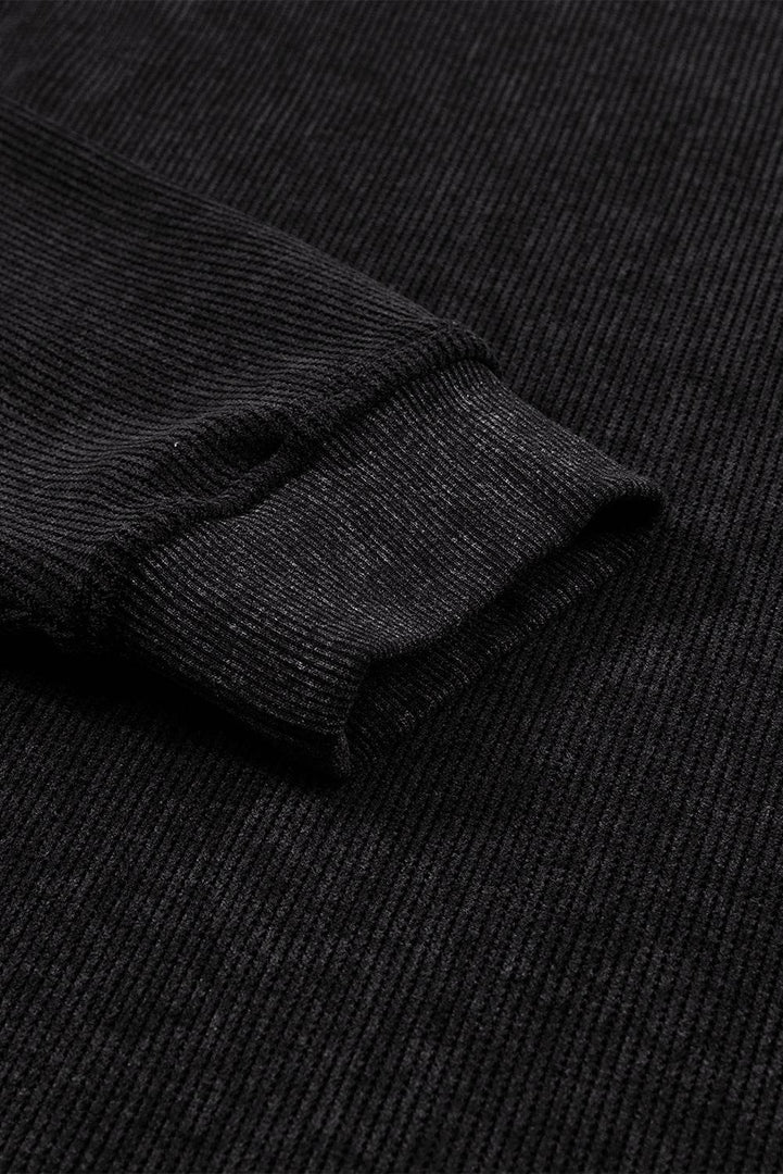 Black Solid Ribbed Knit Round Neck Pullover Sweatshirt - Fashion Queen -  26