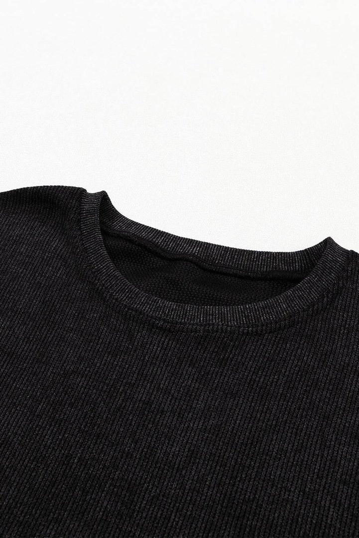 Black Solid Ribbed Knit Round Neck Pullover Sweatshirt - Fashion Queen -  27