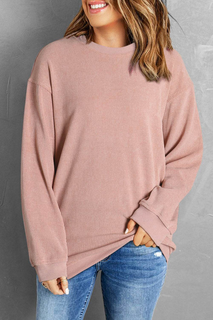 Black Solid Ribbed Knit Round Neck Pullover Sweatshirt - Fashion Queen -  28