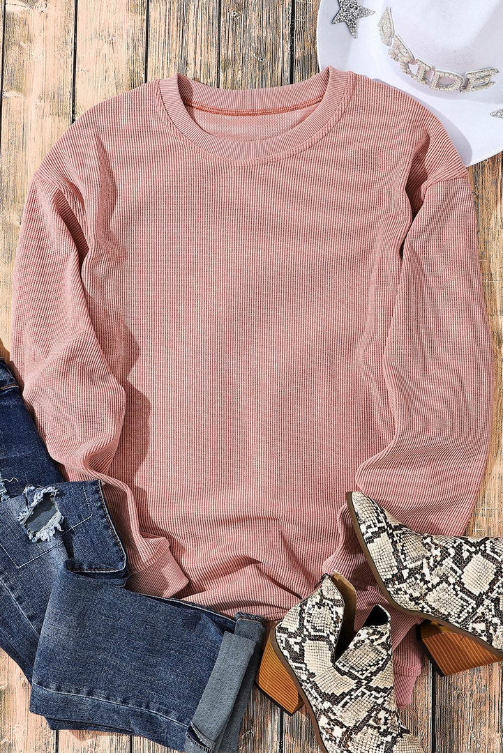 Black Solid Ribbed Knit Round Neck Pullover Sweatshirt - Fashion Queen -  29