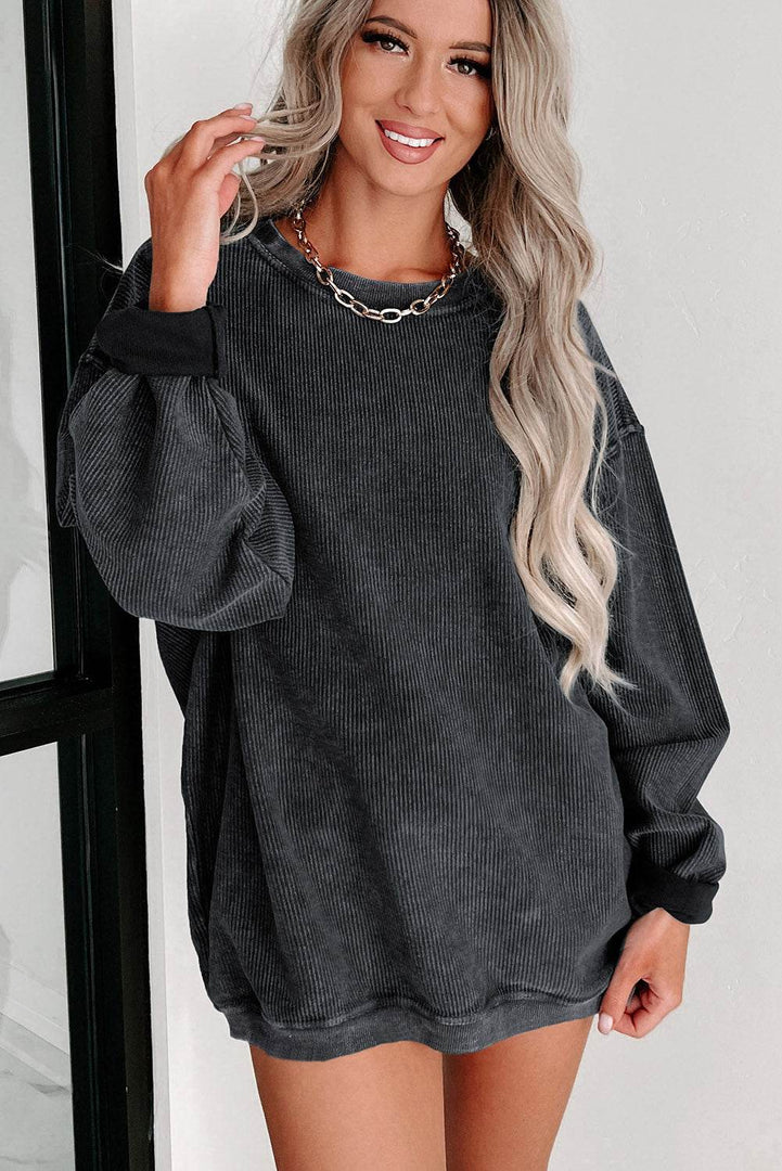 Black Solid Ribbed Knit Round Neck Pullover Sweatshirt - Fashion Queen -  3