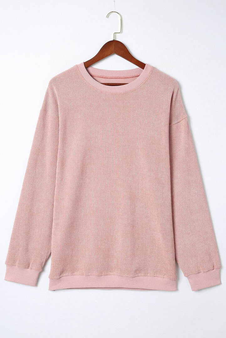 Black Solid Ribbed Knit Round Neck Pullover Sweatshirt - Fashion Queen -  30