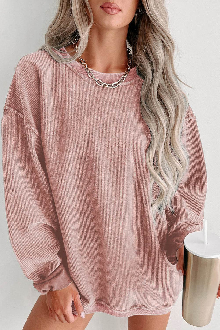 Black Solid Ribbed Knit Round Neck Pullover Sweatshirt - Fashion Queen -  4