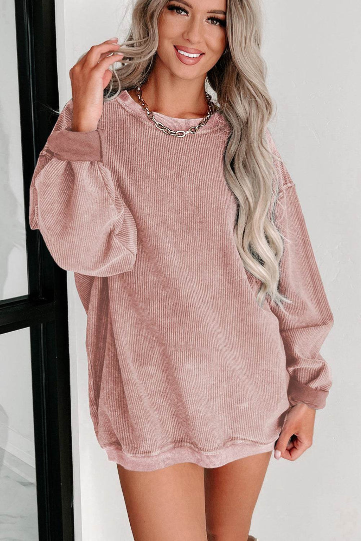 Black Solid Ribbed Knit Round Neck Pullover Sweatshirt - Fashion Queen -  6