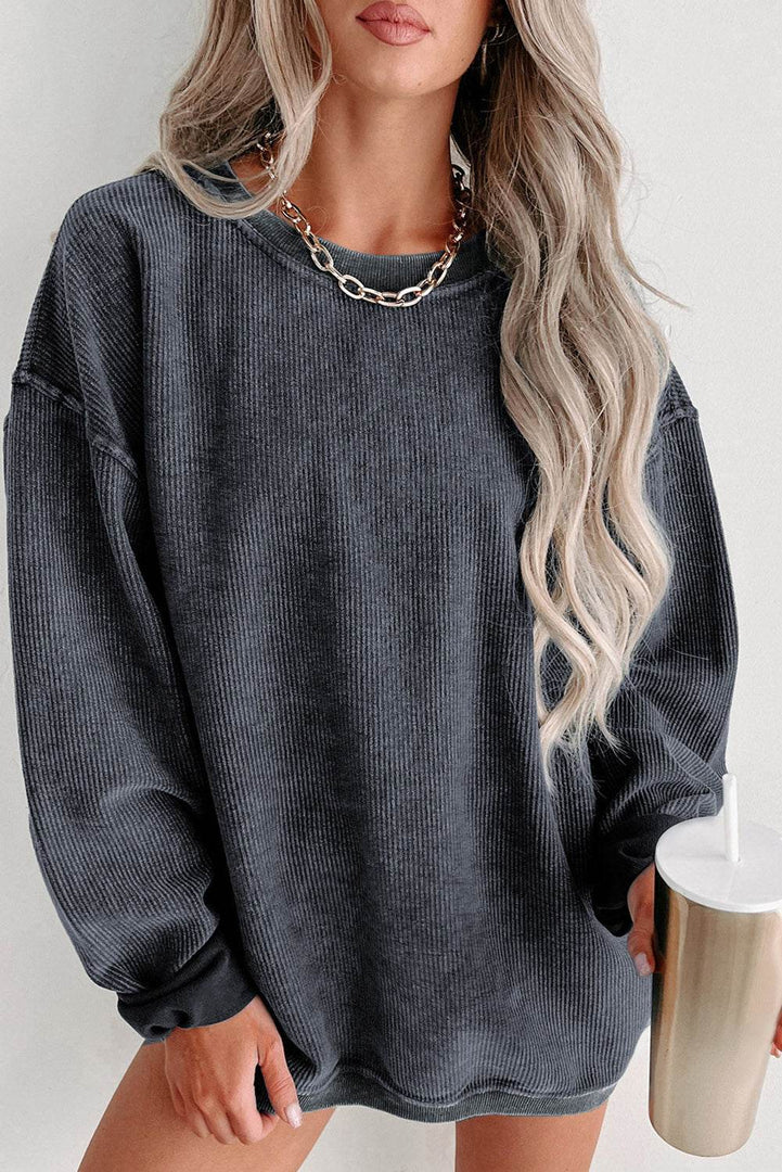 Black Solid Ribbed Knit Round Neck Pullover Sweatshirt - Fashion Queen -  7