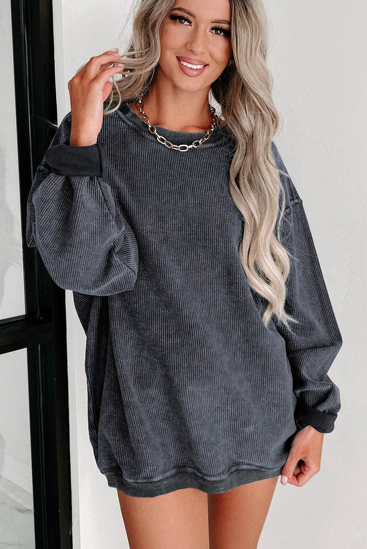 Black Solid Ribbed Knit Round Neck Pullover Sweatshirt - Fashion Queen -  8