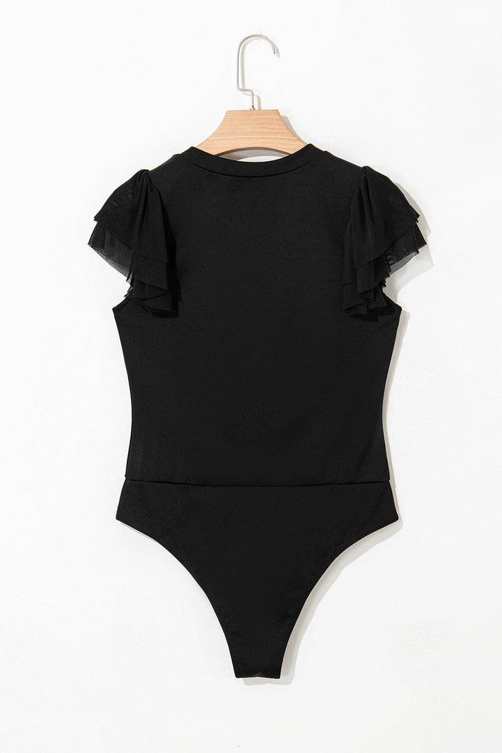 Black Solid Ruffled Mesh Patchwork Sleeve Bodysuit - Fashion Queen -  6