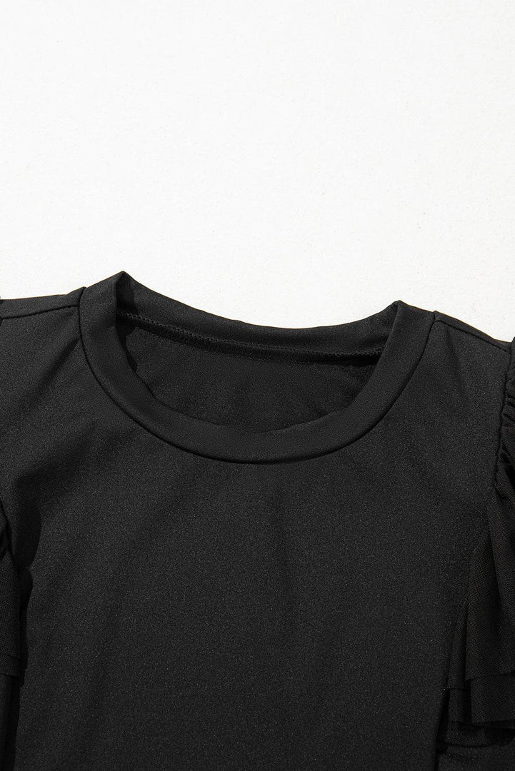 Black Solid Ruffled Mesh Patchwork Sleeve Bodysuit - Fashion Queen -  7