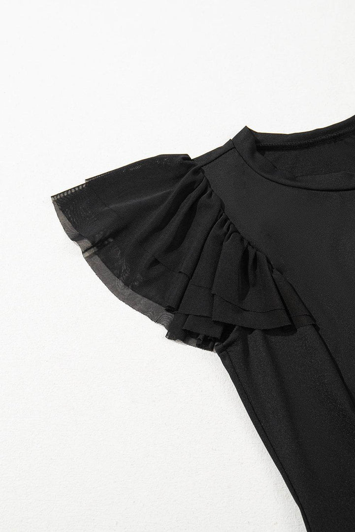 Black Solid Ruffled Mesh Patchwork Sleeve Bodysuit - Fashion Queen -  8