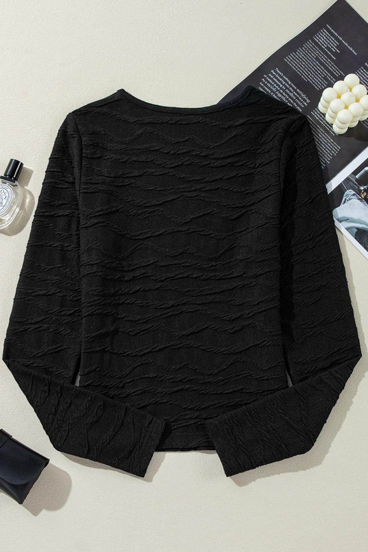 Black Solid Wavy Textured Slim Fit Long Sleeve T Shirt - Fashion Queen -  12