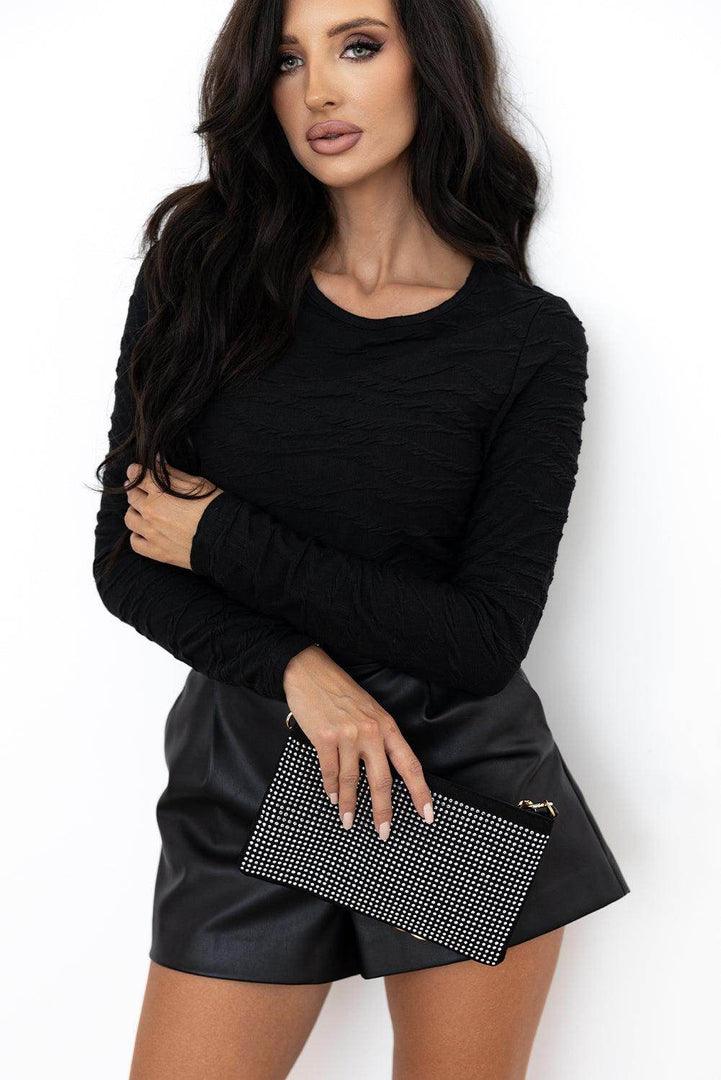 Black Solid Wavy Textured Slim Fit Long Sleeve T Shirt - Fashion Queen -  5